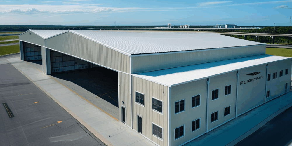 Rendering of Flightpath’s upcoming exclusive-use hangar at Boca Raton Airport (KBCT), showing a modern 30,000 sq. ft facility with wide aircraft doors, ample ramp space, and adjacent office space—designed to accommodate long-range jets like the Global 8000 and Gulfstream G700.