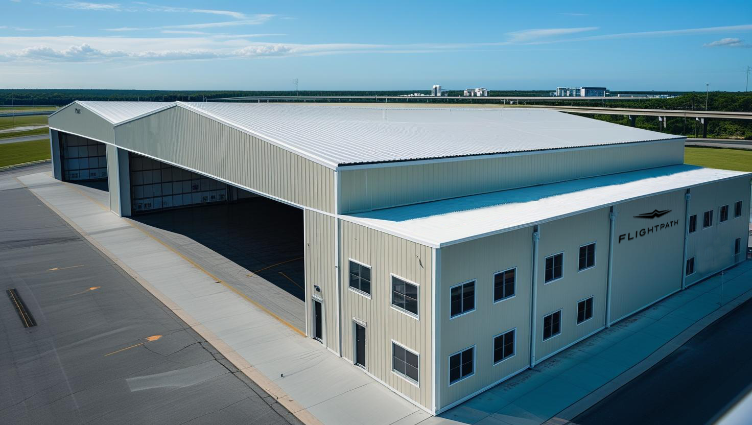 Rendering of Flightpath’s upcoming exclusive-use hangar at Boca Raton Airport (KBCT), showing a modern 30,000 sq. ft facility with wide aircraft doors, ample ramp space, and adjacent office space—designed to accommodate long-range jets like the Global 8000 and Gulfstream G700.